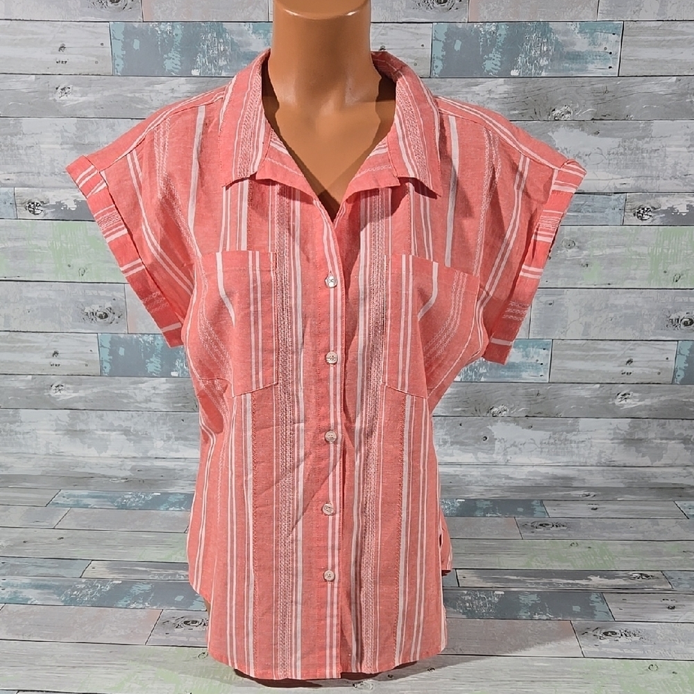 Harper Coral & White Striped Button Down Blouse/Shirt/Top Sz Medium NWT